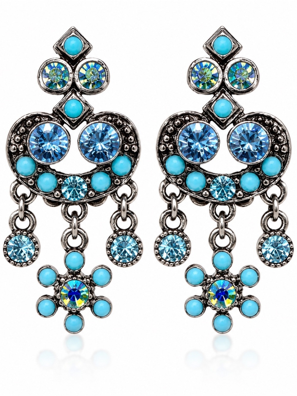VTG Kirks Folly Blue Rhinestone Clip On Earrings Floral Dangle Silver Tone Boho